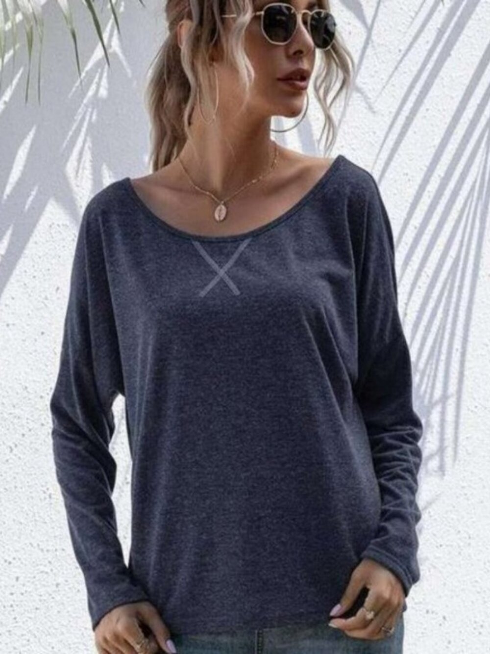 ANNA-KACI  Lux Boatneck Long Sleeve Top Grey Medium MSRP $30 #473